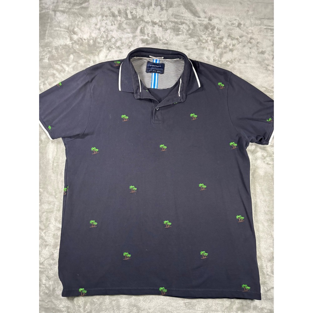 Denim & Flower Ricky Singh Navy Blue Palm Tree Embroidered Polo Shirt Mens XL